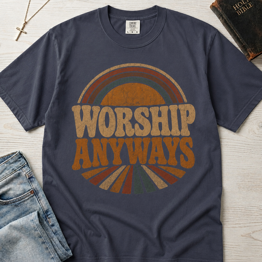 Worship Anyways Christian t-shirt in medium gray, retro sunburst graphic with vintage worship lettering in warm orange tones.