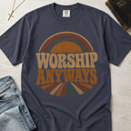 Worship Anyways Christian t-shirt in medium gray, retro sunburst graphic with vintage worship lettering in warm orange tones.