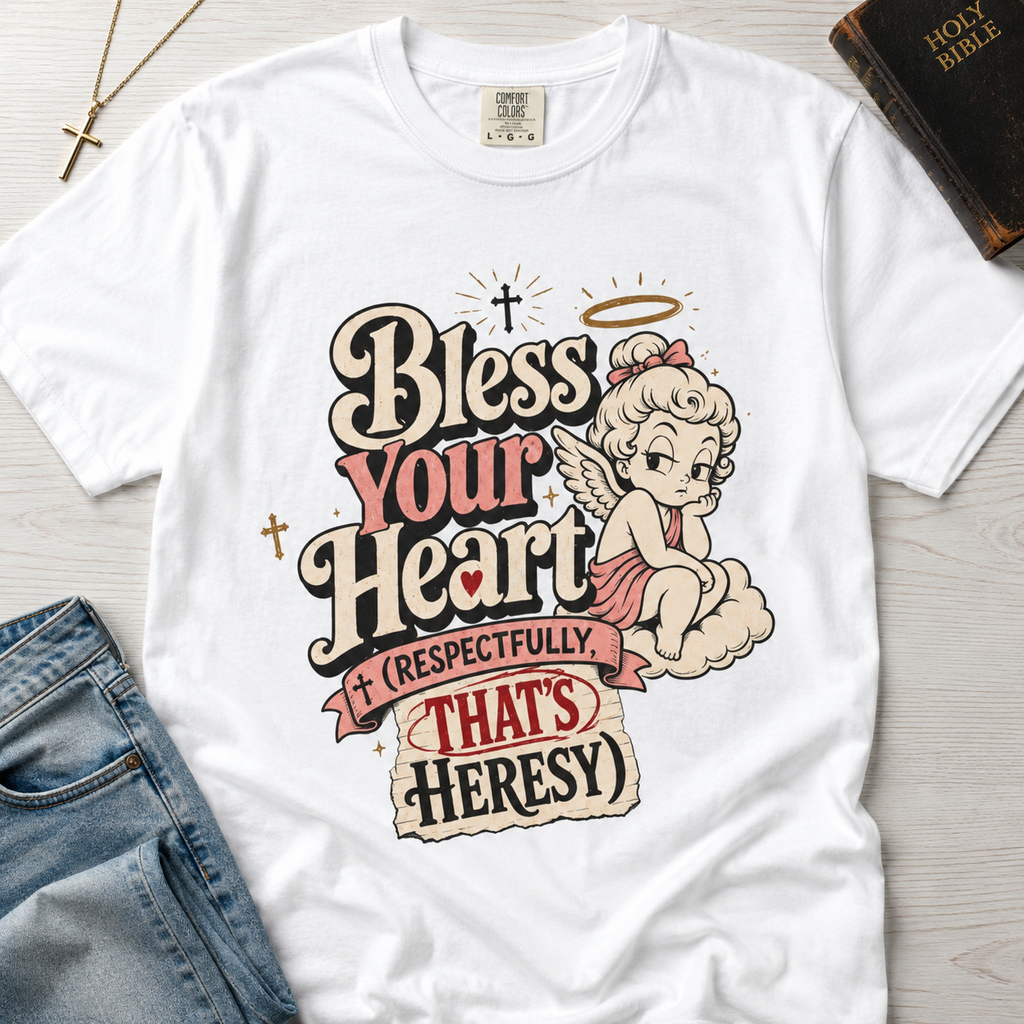 Bless Your Heart Christian humor t-shirt in white, vintage angel cartoon graphic with cheeky Southern faith-humor tagline.