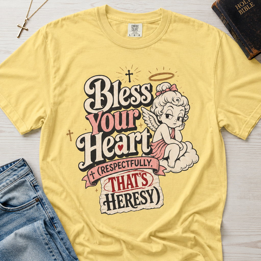 Bless Your Heart Christian humor t-shirt in soft Butter yellow, vintage angel graphic with 'respectfully that's heresy' design.