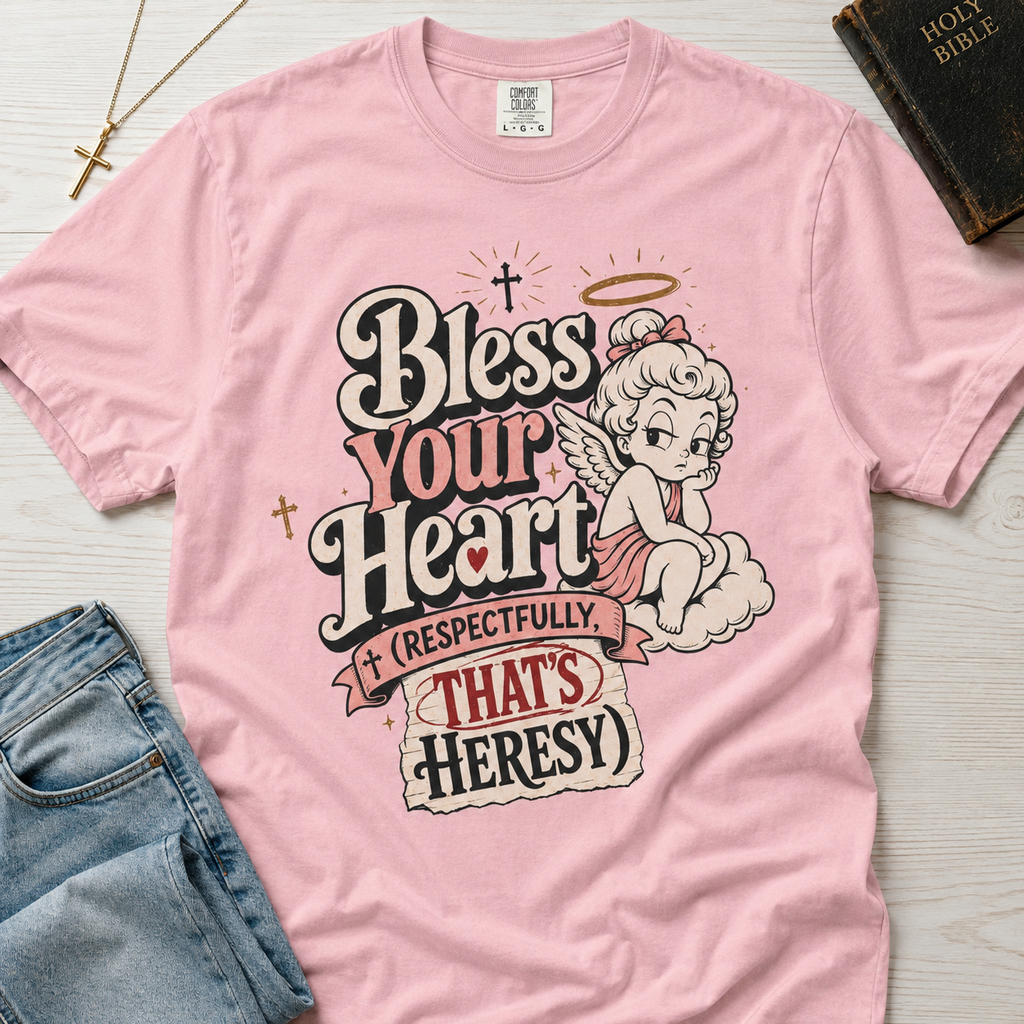 Bless Your Heart Christian humor t-shirt in pastel Blossom pink, vintage angel graphic with 'respectfully that's heresy' script.
