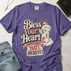 Bless Your Heart Christian humor t-shirt in soft Grape purple, vintage angel cartoon graphic with Southern charm faith humor.