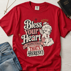 Bless Your Heart Christian humor t-shirt in red, vintage angel cartoon graphic with cheeky 'respectfully that's heresy' Southern charm tagline.