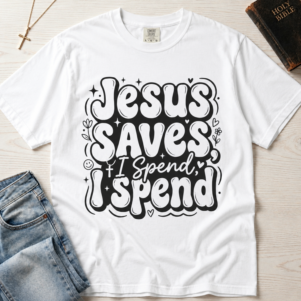 Jesus Saves I Spend Christian humor t-shirt in white, bold groovy retro stacked typography on garment-dyed cotton tee.