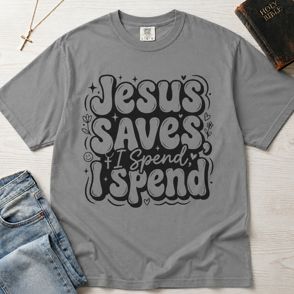Jesus Saves I Spend Christian humor t-shirt in heather Granite gray, bold groovy retro typography on garment-dyed tee.
