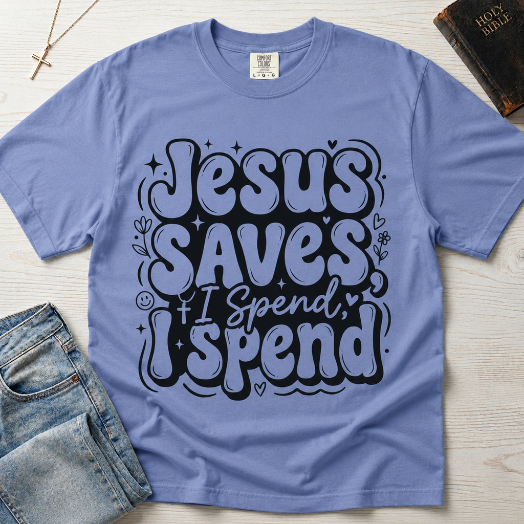 Jesus Saves I Spend Christian humor t-shirt in dusty Blue Jean, playful retro stacked lettering on garment-dyed faith tee.