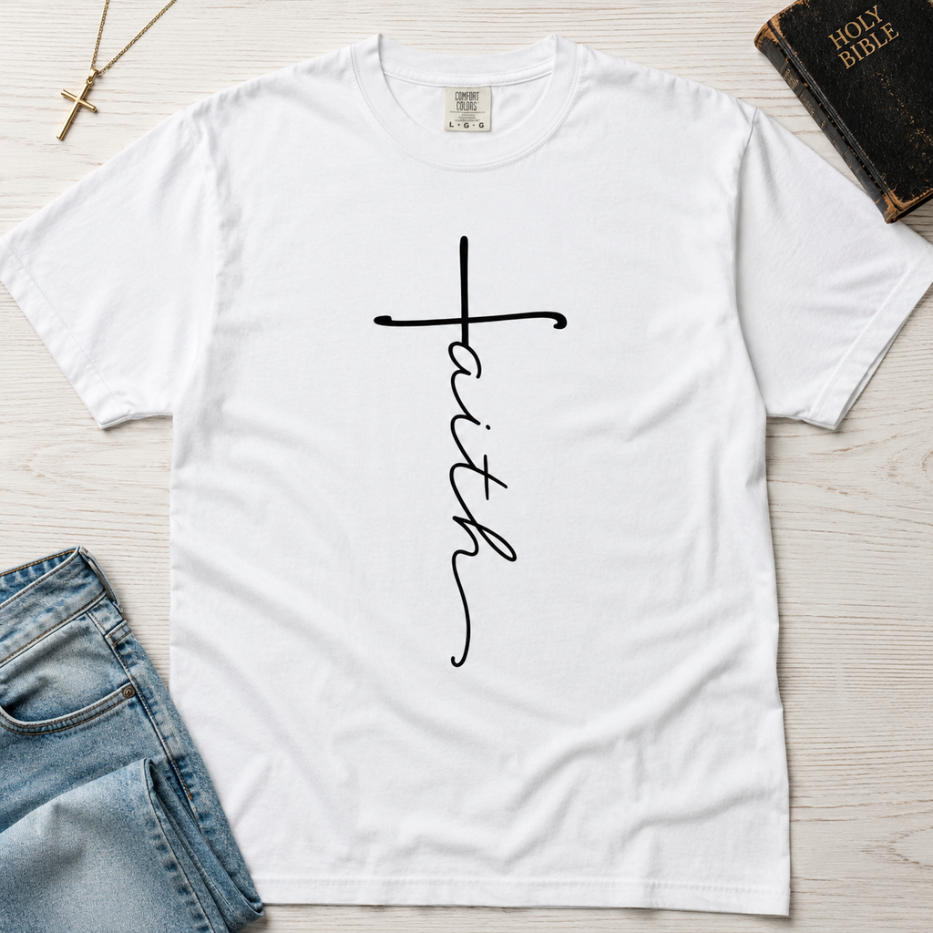 Faith vertical script Christian t-shirt in white, minimalist hand-lettered faith cross design on garment-dyed tee.