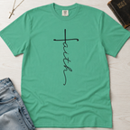 Faith vertical script Christian t-shirt in mint Island Reef green, minimal hand-lettered cross design on garment-dyed cotton.