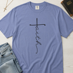 Faith vertical script Christian t-shirt in dusty Blue Jean, minimalist hand-lettered cross design on garment-dyed cotton.