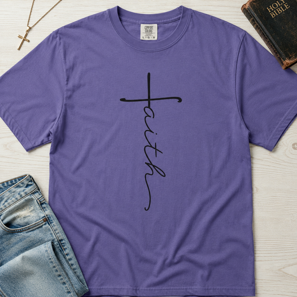Faith vertical script Christian t-shirt in soft Grape purple, minimalist hand-lettered cross typography on garment-dyed cotton.