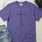 Faith vertical script Christian t-shirt in soft Grape purple, minimalist hand-lettered cross typography on garment-dyed cotton.