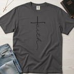 Faith vertical script Christian t-shirt in deep Graphite gray, minimal hand-lettered faith cross on garment-dyed tee.