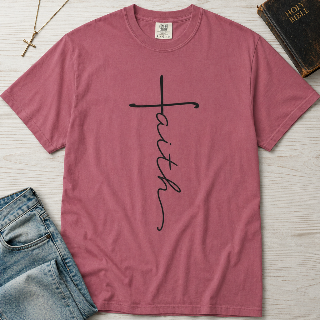 Faith vertical script Christian t-shirt in dusty Crimson rose, minimalist hand-lettered faith cross design on garment-dyed tee.