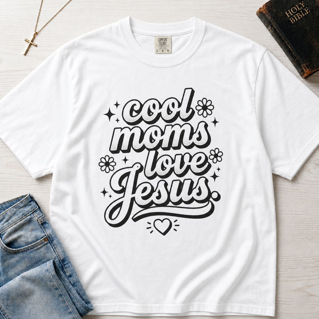 Cool Moms Love Jesus Christian mom t-shirt in white, playful retro cursive lettering on garment-dyed faith tee.