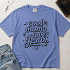 Cool Moms Love Jesus Christian mom t-shirt in dusty Blue Jean, playful groovy script faith design on garment-dyed tee.