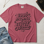 Cool Moms Love Jesus Christian mom t-shirt in dusty Crimson rose, playful groovy script design on garment-dyed cotton tee.