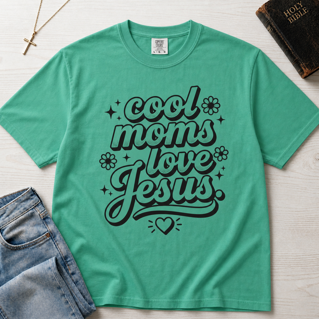 Cool Moms Love Jesus Christian mom t-shirt in mint Island Reef green, retro cursive script design for Christian moms.