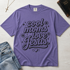 Cool Moms Love Jesus Christian mom t-shirt in soft Grape purple, retro cursive lettering for Christian moms on garment-dyed cotton.