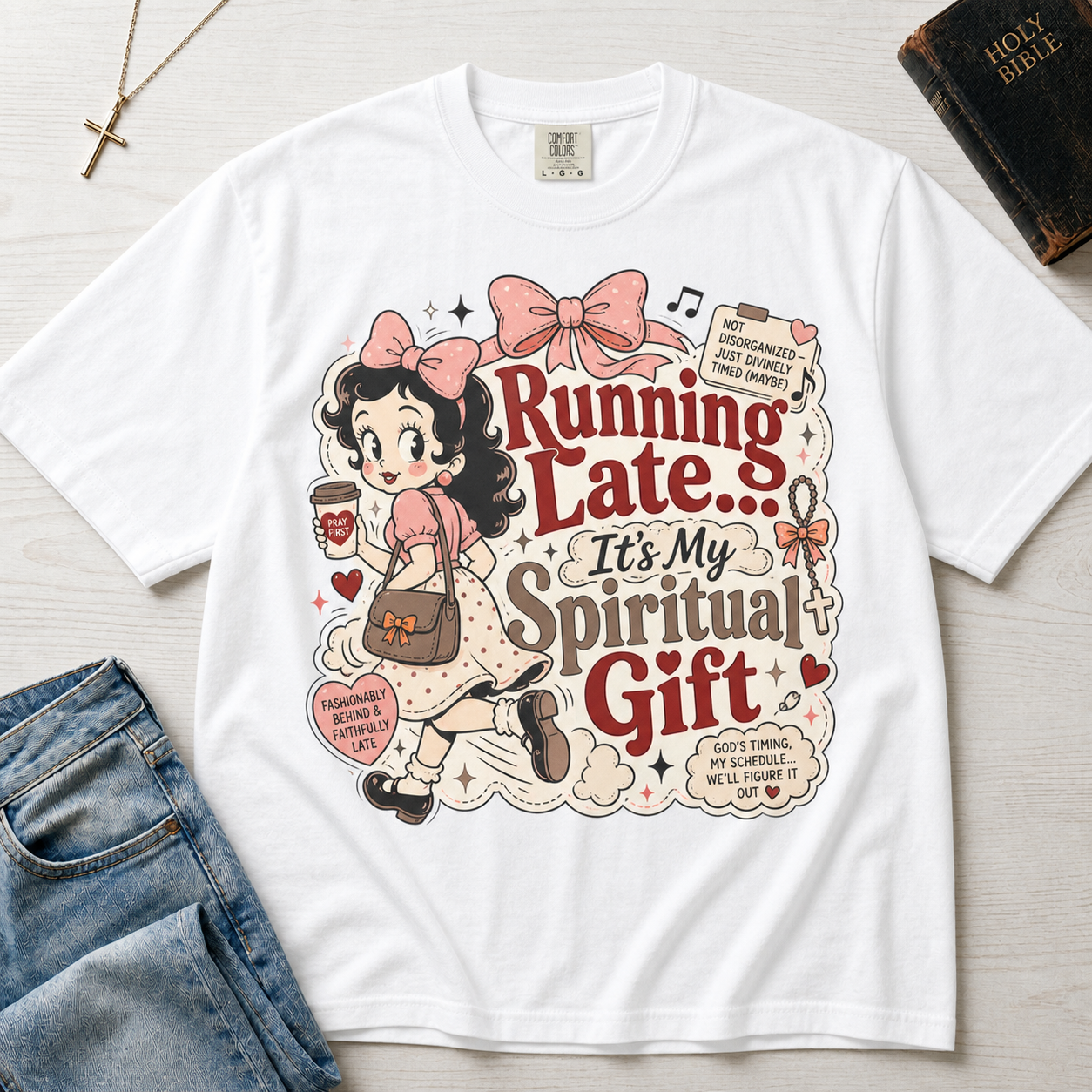 Running Late It's My Spiritual Gift Christian humor t-shirt in white, retro cottagecore graphic with floral border on garment-dyed cotton.