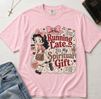 Running Late It's My Spiritual Gift Christian humor t-shirt in pastel Blossom pink, cute retro cottagecore design with woman and florals.