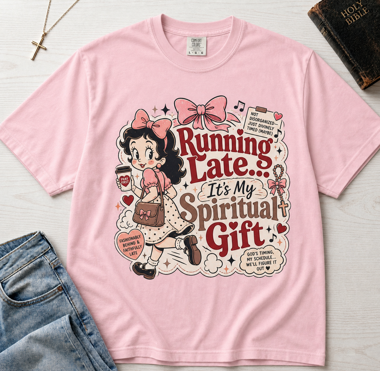 Running Late It's My Spiritual Gift Christian humor t-shirt in pastel Blossom pink, cute retro cottagecore design with woman and florals.