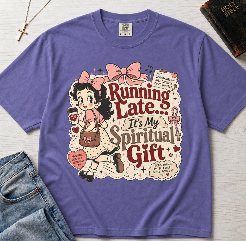 Running Late It's My Spiritual Gift Christian humor t-shirt in soft Grape purple, vintage cottagecore illustration with floral accents.