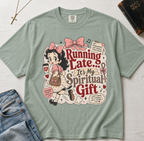 Running Late It's My Spiritual Gift Christian humor t-shirt in Bay sage green, vintage cottagecore illustration with floral border.