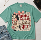 Running Late It's My Spiritual Gift Christian humor t-shirt in mint Island Reef green, vintage cottagecore woman illustration with florals.
