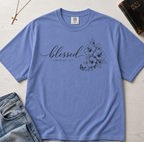Blessed Floral Christian t-shirt in dusty Blue Jean, minimalist 'blessed' script with botanical floral sketch.