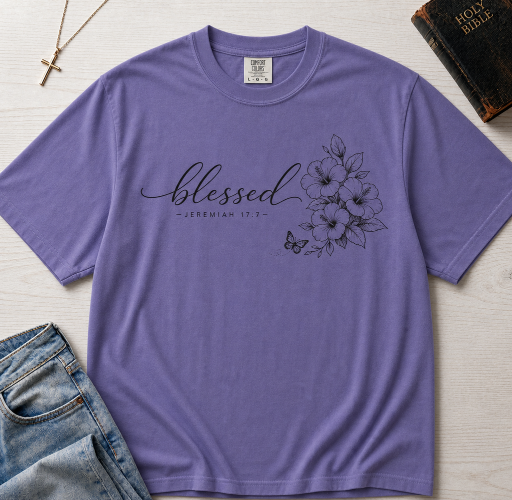 Blessed Floral Christian t-shirt in soft Grape purple, minimal 'blessed' script with delicate floral sketch design.