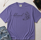 Blessed Floral Christian t-shirt in soft Grape purple, minimal 'blessed' script with delicate floral sketch design.