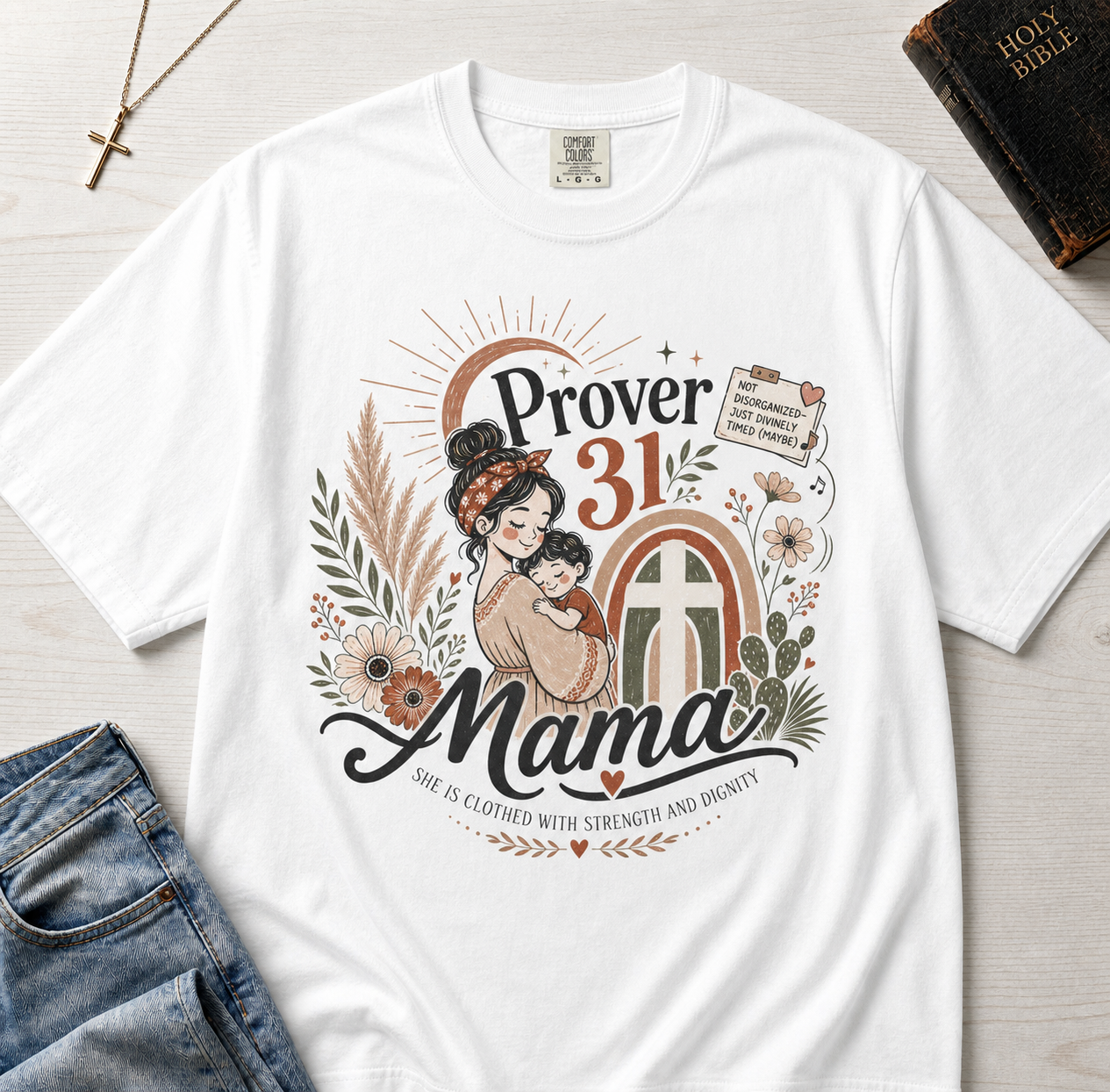 Proverbs 31 Mama Christian t-shirt in white, retro illustrated graphic with woman, sunset rainbow and floral accents.