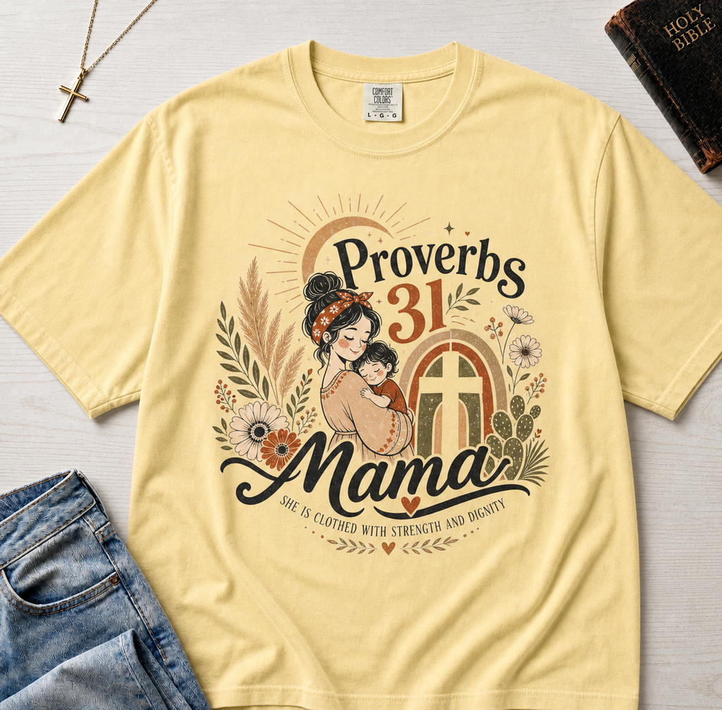 Proverbs 31 Mama Christian t-shirt in warm Butter yellow, retro vintage design with woman illustration and floral details.