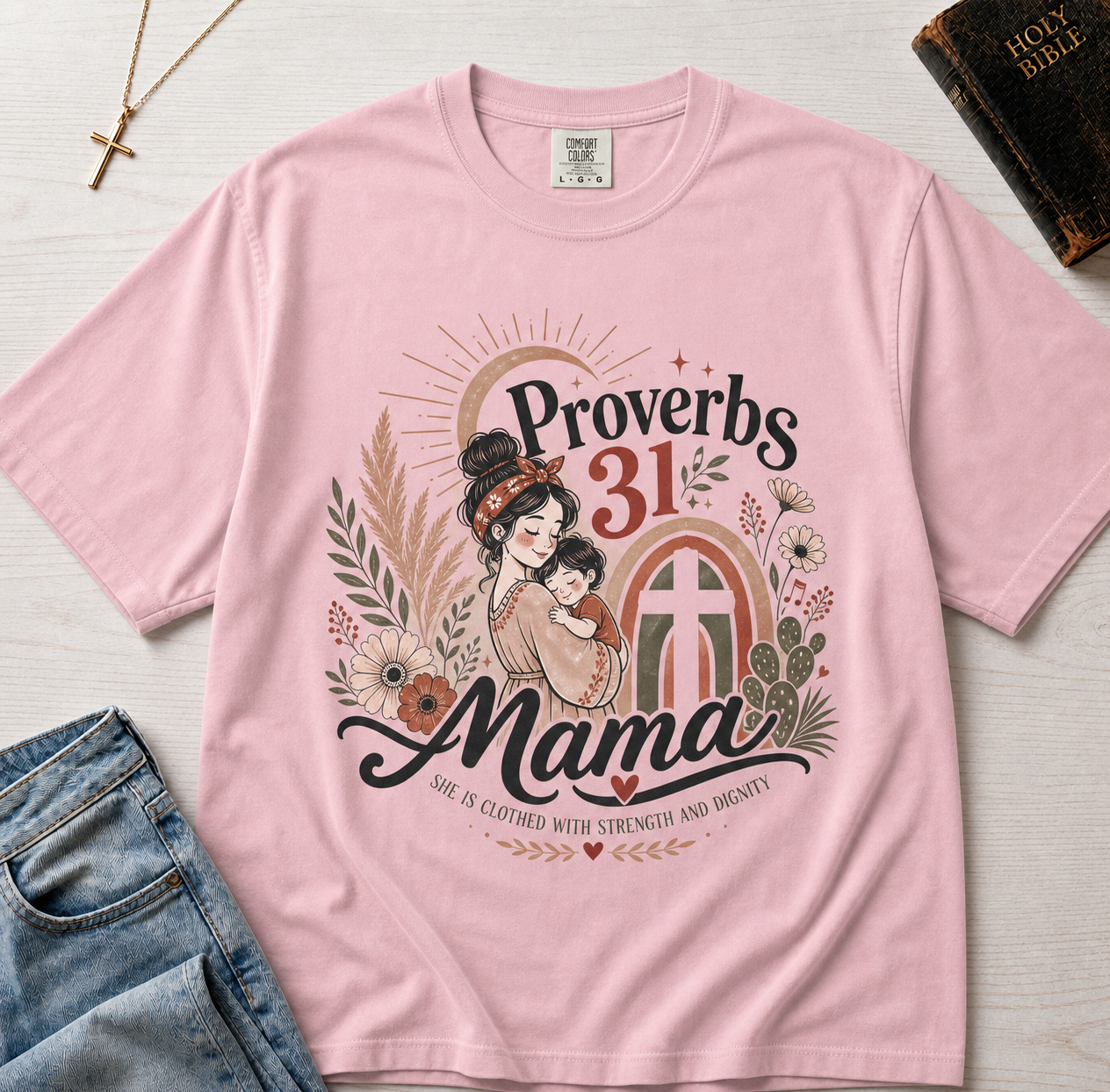Proverbs 31 Mama Christian t-shirt in pastel Blossom pink, vintage retro design with woman illustration and florals.