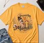 Proverbs 31 Mama Christian t-shirt in soft Butter yellow, retro illustrated design with woman, sunset and floral elements.