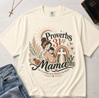 Proverbs 31 Mama Christian t-shirt in ivory cream, retro vintage design with woman, sunset rainbow and florals.