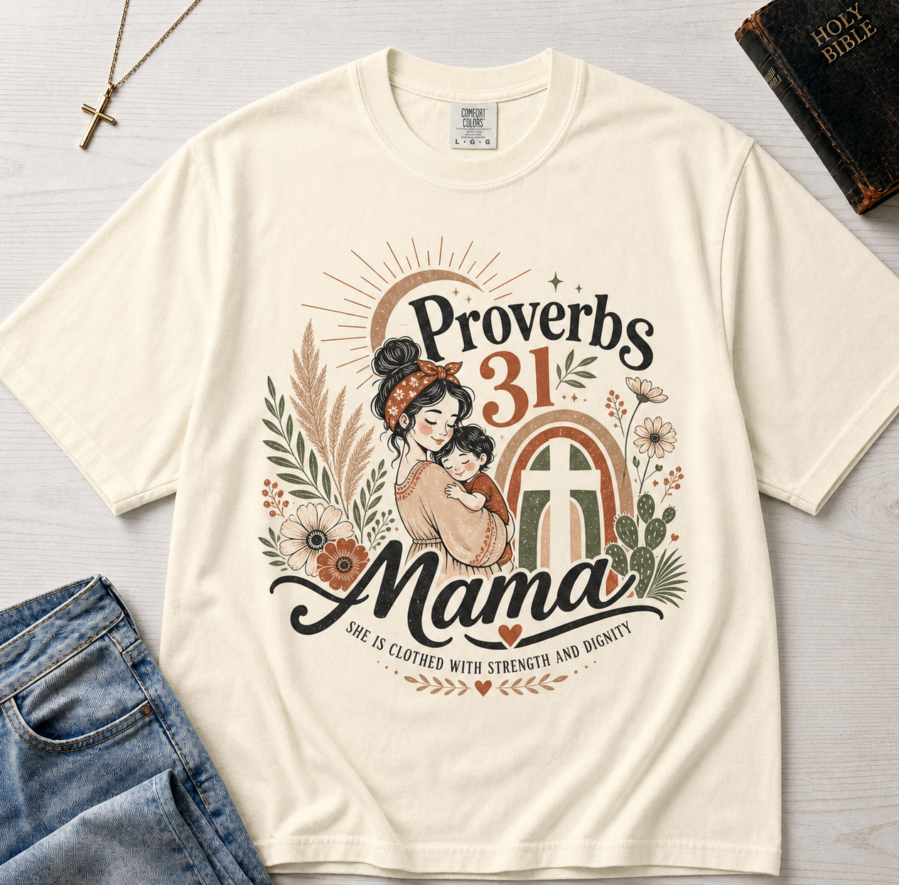 Proverbs 31 Mama Christian t-shirt in ivory cream, retro vintage design with woman, sunset rainbow and florals.