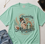 Proverbs 31 Mama Christian t-shirt in mint Island Reef green, vintage retro illustrated graphic for Christian moms.
