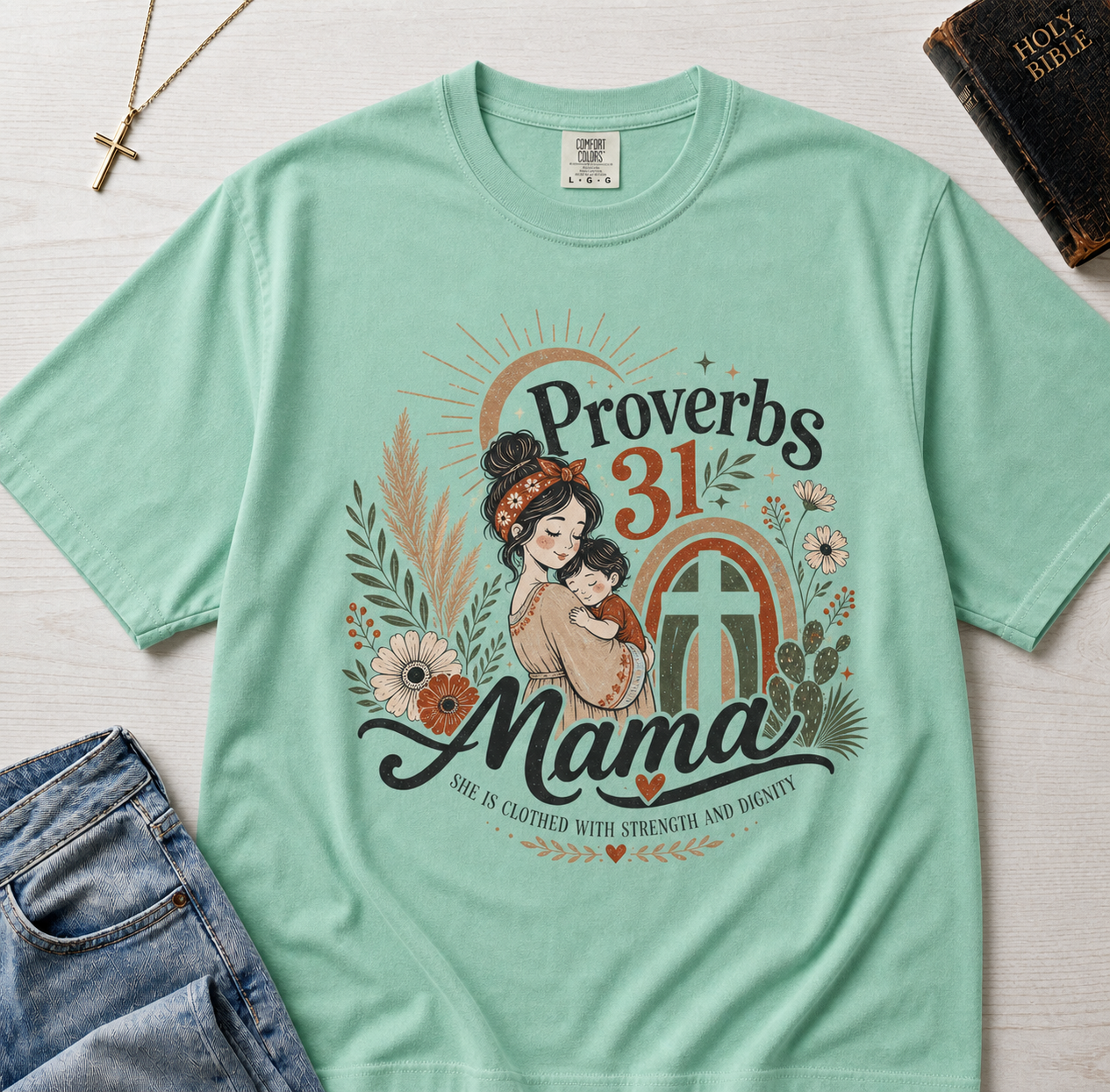 Proverbs 31 Mama Christian t-shirt in mint Island Reef green, vintage retro illustrated graphic for Christian moms.