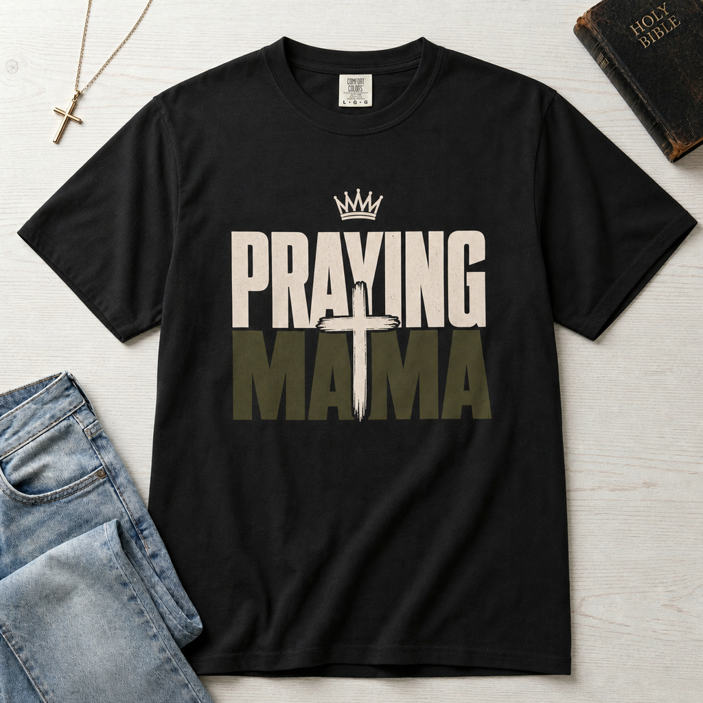 Praying Mama Christian mom t-shirt in black, bold layered typography with subtle crown detail above 'praying mama' lettering.