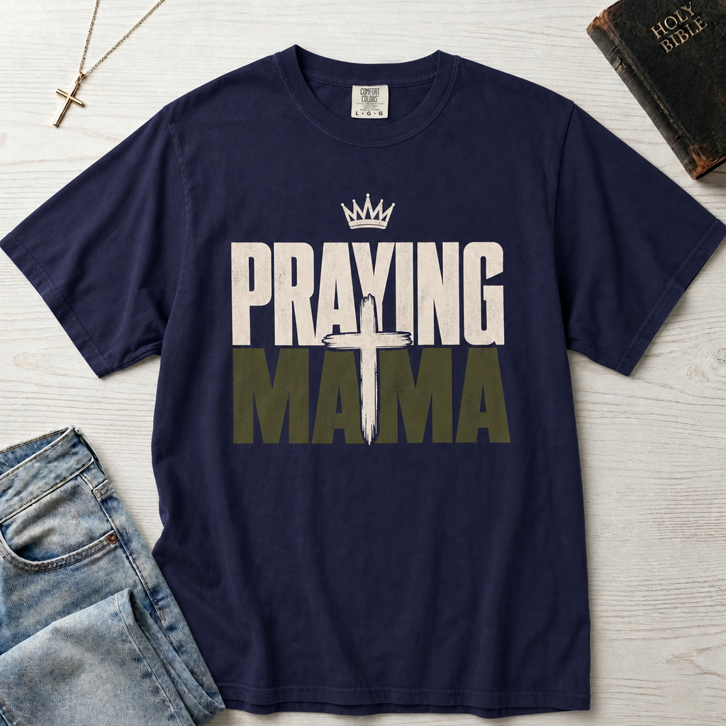 Praying Mama Christian mom t-shirt in deep True Navy, bold layered 'praying mama' typography with crown detail.
