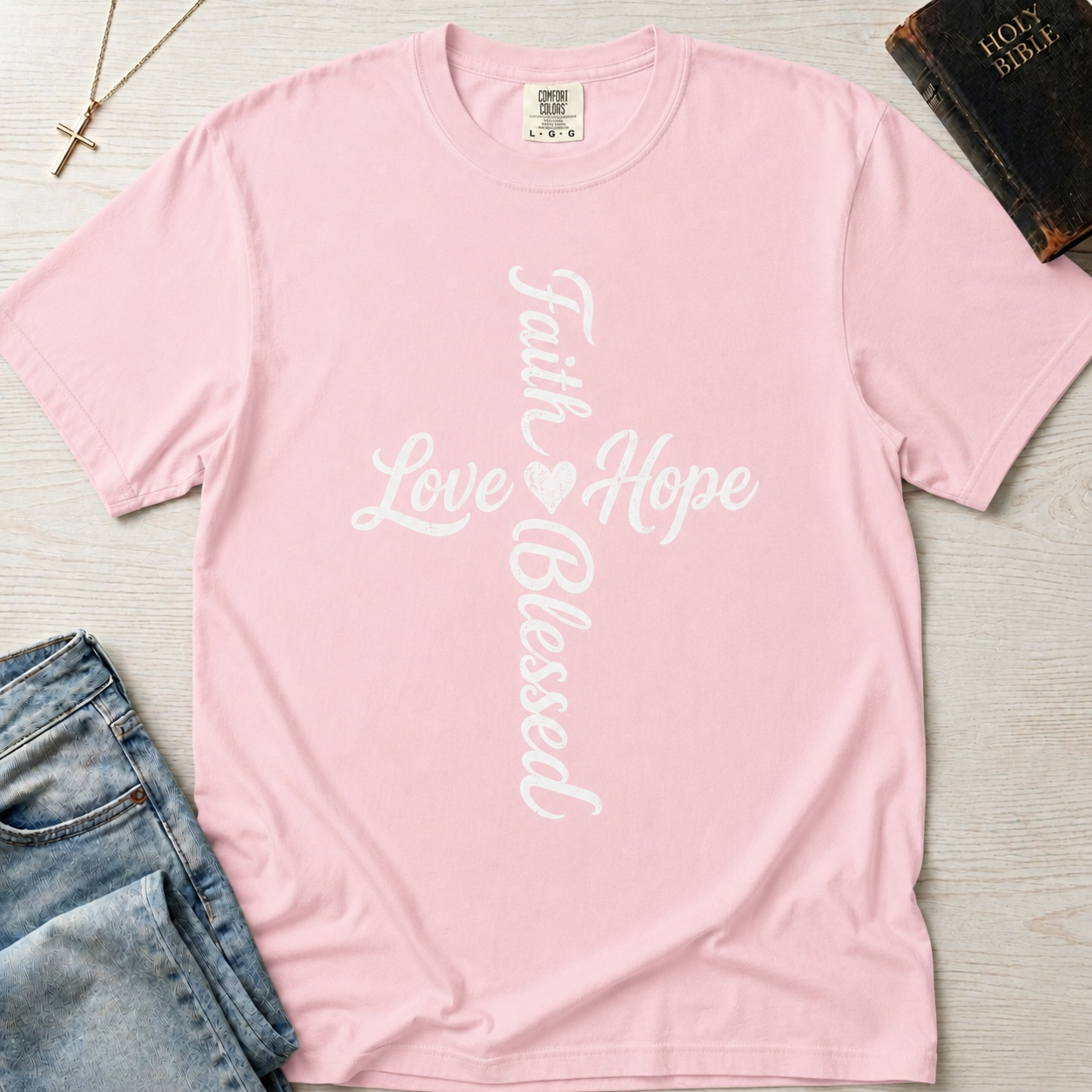 Faith Hope Love Blessed vertical cross Christian t-shirt in pastel Blossom pink, cursive cross typography design.