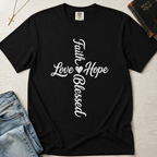 Faith Hope Love Blessed vertical cross Christian t-shirt in black, cursive cross with Faith Love Hope Blessed lettering.