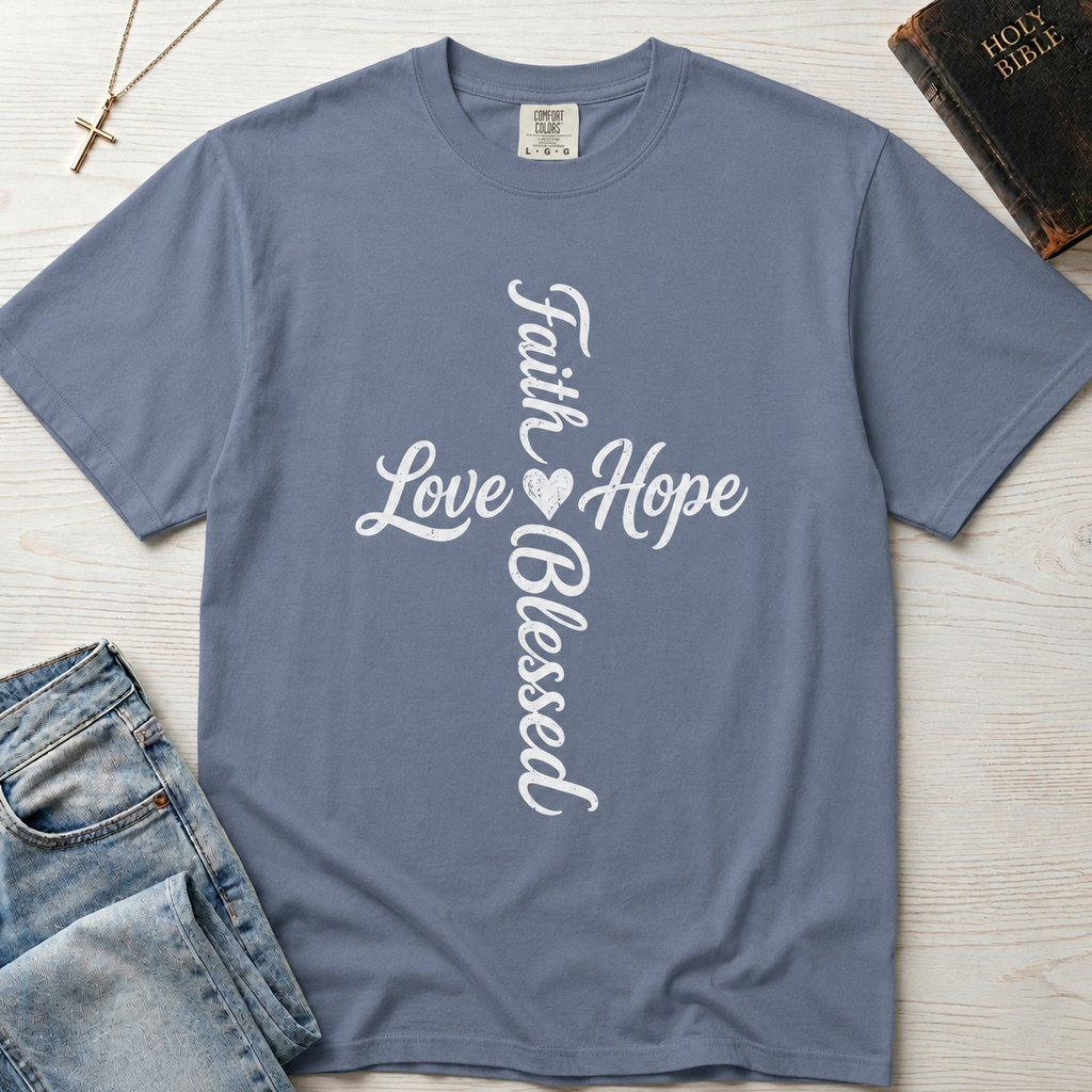 Faith Hope Love Blessed vertical cross Christian t-shirt in dusty Blue Jean, cursive cross typography on garment-dyed cotton.
