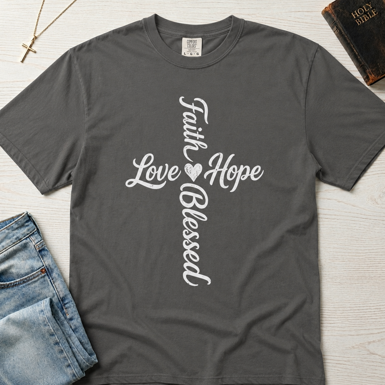 Faith Hope Love Blessed vertical cross Christian t-shirt in medium Graphite gray, cursive cross design with heart accent.