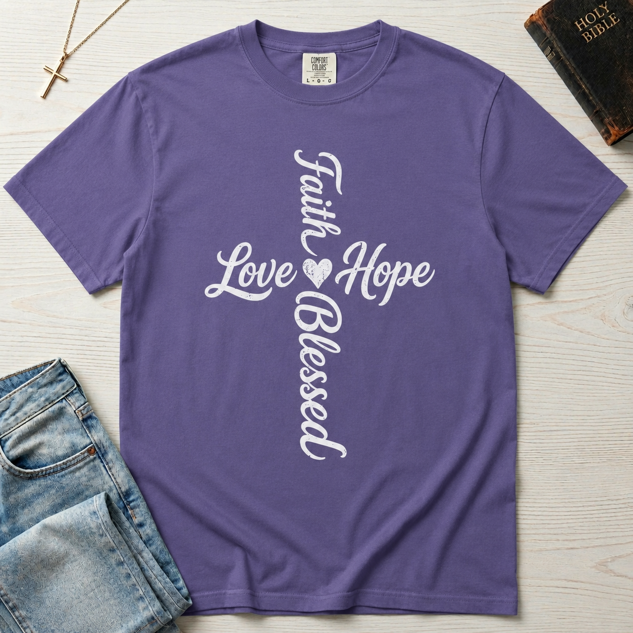 Faith Hope Love Blessed vertical cross Christian t-shirt in soft Grape purple, vertical cursive cross with Faith Love Hope Blessed text.