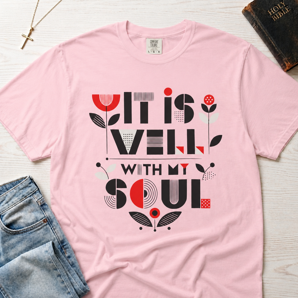 It Is Well With My Soul Christian t-shirt in pastel pink Blossom; bold typography with coral tulip floral accents on faith-inspired tee.