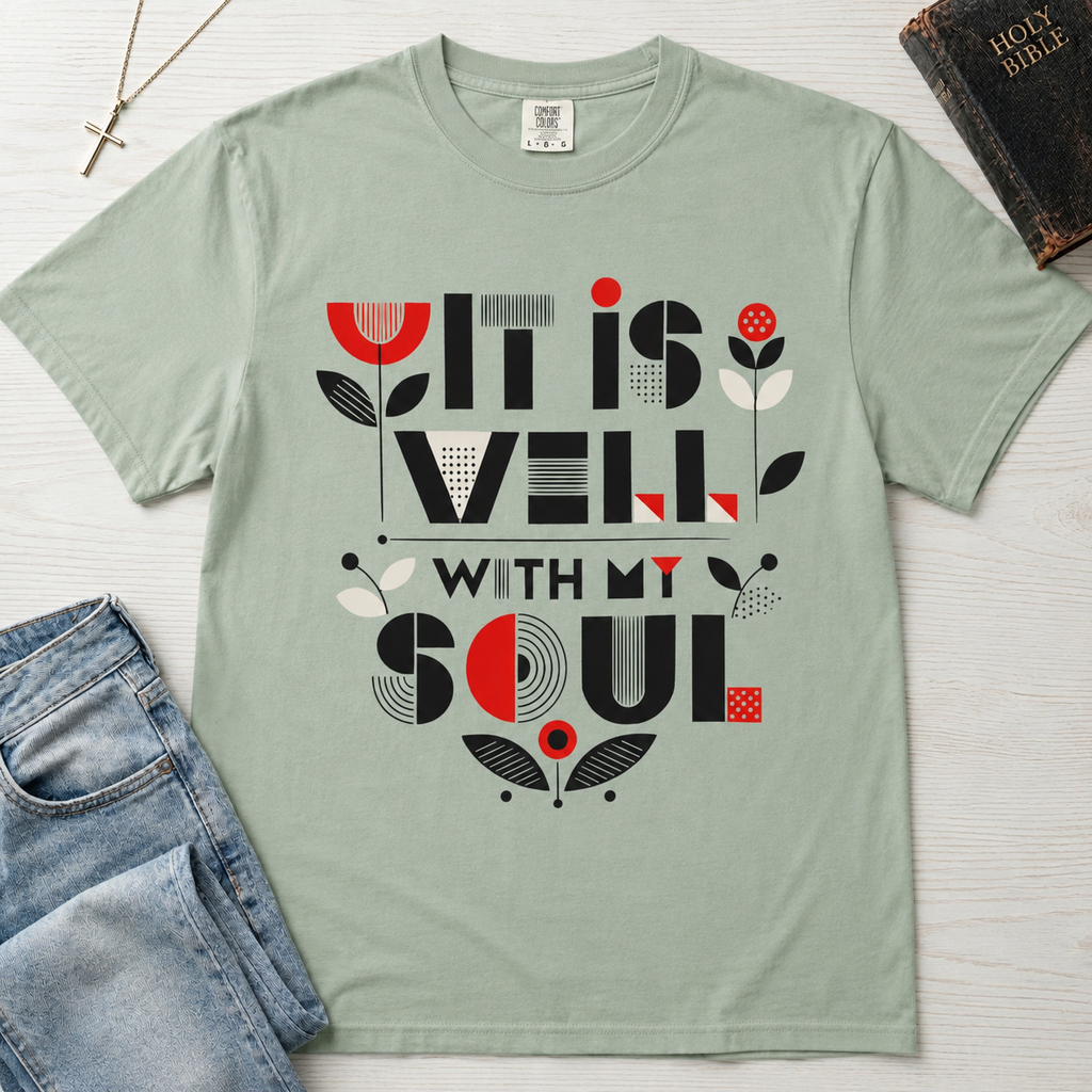 It Is Well With My Soul Christian t-shirt in sage green (Bay); geometric typography with charcoal and coral floral details, garment-dyed cotton.