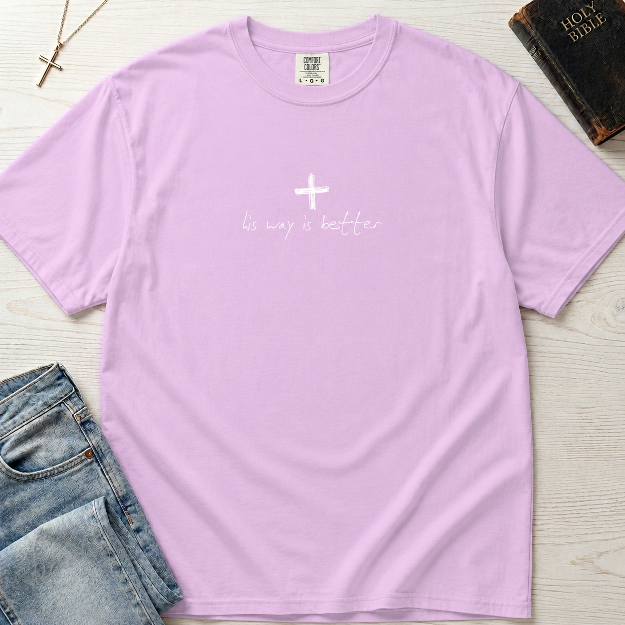 Cross & Chill minimal Christian t-shirt in soft lavender Orchid, garment-dyed faith tee with subtle white cross design and minimal script.