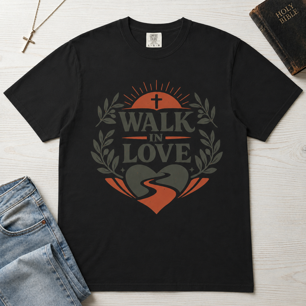 Walk in Love Christian t-shirt in deep graphite black, garment-dyed faith tee with cross and laurel wreath, styled flat lay with Holy Bible and cross necklace.